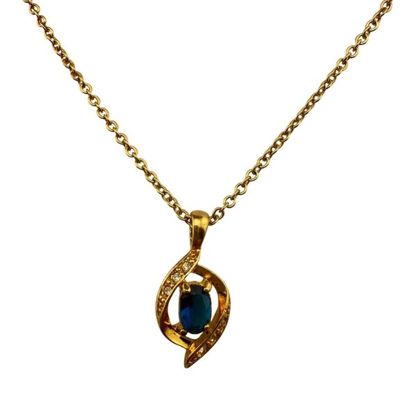 Avon Gold Tone Necklace With Rhinestone & Blue Glass Accent Pendant Elegant Jewe - Picture 1 of 7